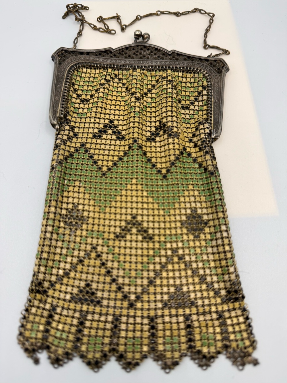 Vintage Whiting & Davis Yellow and Green Mesh Evening Purse with Ornate Frame